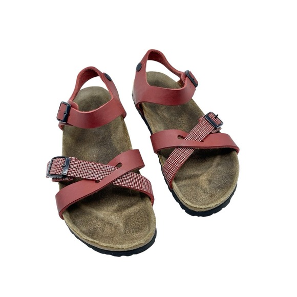 Birki's Birkenstock Sandals Lillie Red Plaid Cork Ankle Strap Size EU 39/ US 8 - Picture 1 of 8
